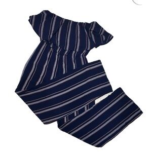 Ups & Downs L Striped Off Shoulder Ruffle Tiered Jumpsuit